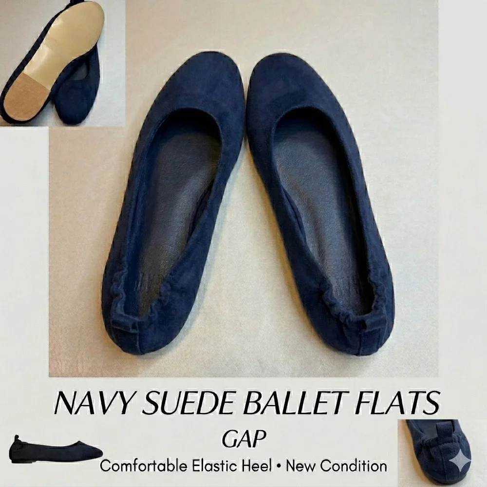 GAP NEW Womens Navy Blue Suede Ballet Flats Elastic Heel Slip On Shoes 8 Work